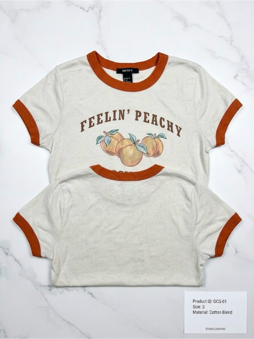 EUC Forever 21 Cream Ringer Tee with Orange Trim & Peach Graphic